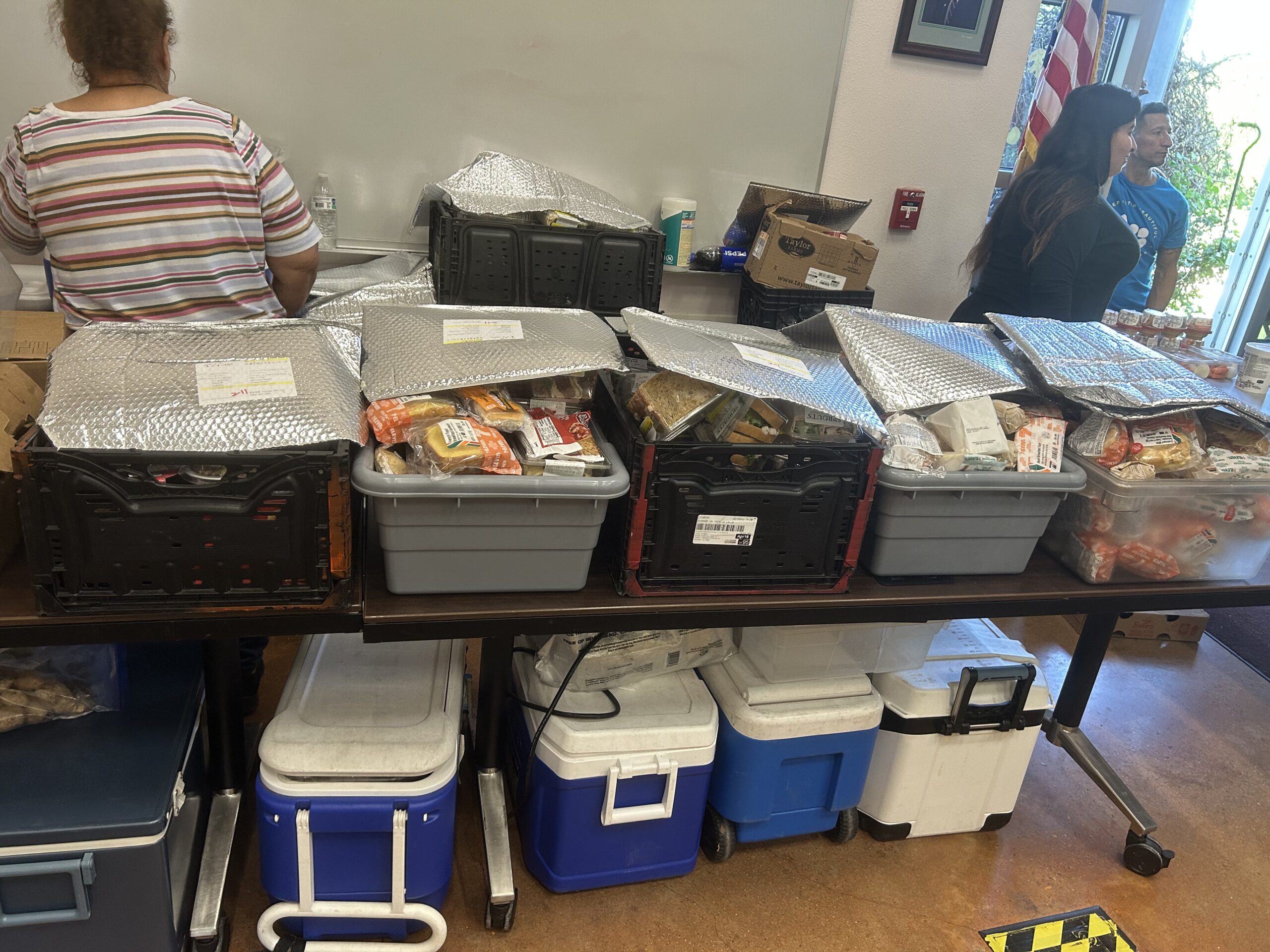 table with bins of meats and sandwiches over coolers with a variety of meat items