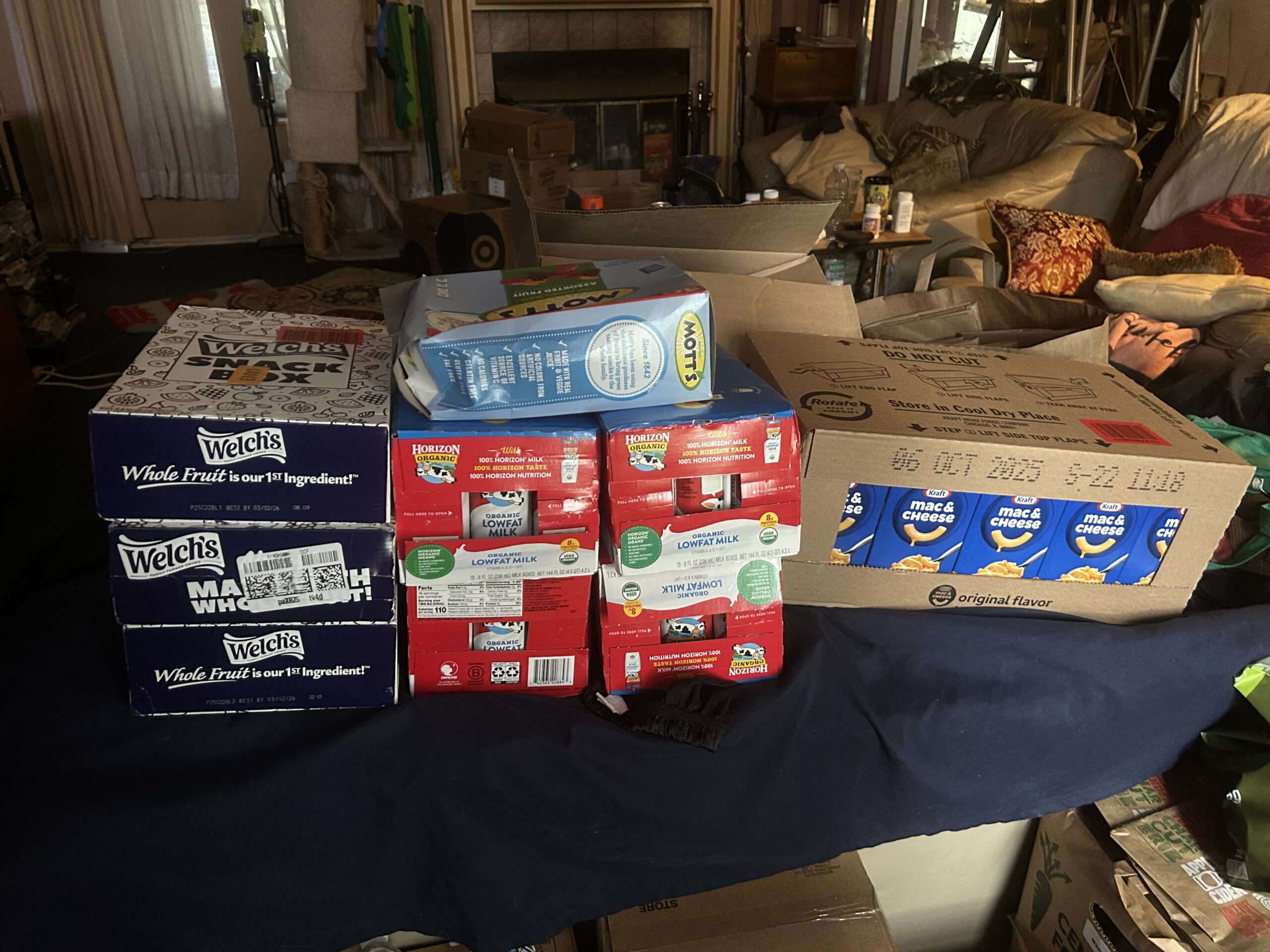 900F4730-CE30-438A-8C2C-893065B67987 boxes of food from Amazon including black boxes of fruit snacks, red boxes of milk, blue boxes of mac & Cheese