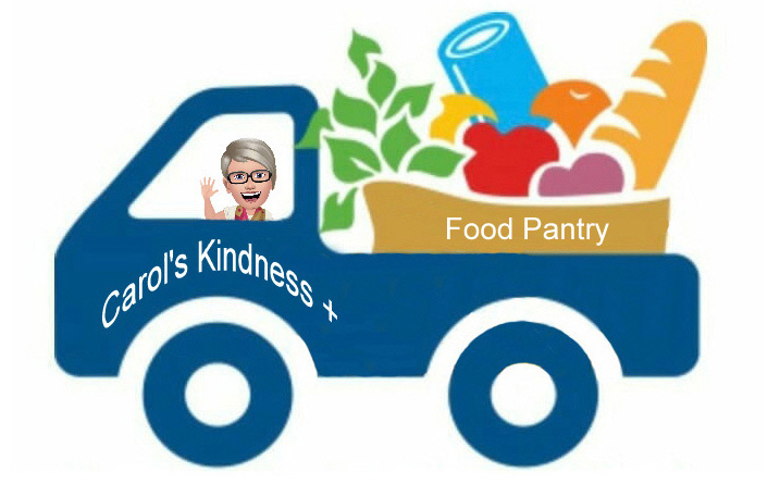 blue truck driving by white haired woman full of food and marked Food Pantry