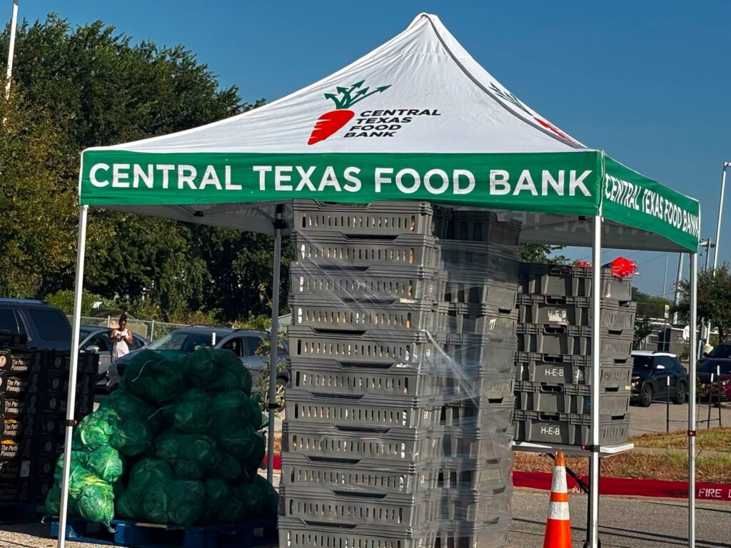 green and white tent with pallets of food